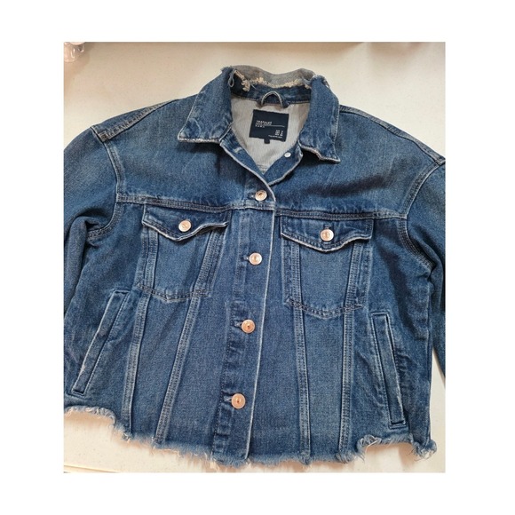 Zara Jackets & Blazers - Zara Trafaluc Distressed Denim Jacket Medium Blue Raw Hem Trucker Womens Size M